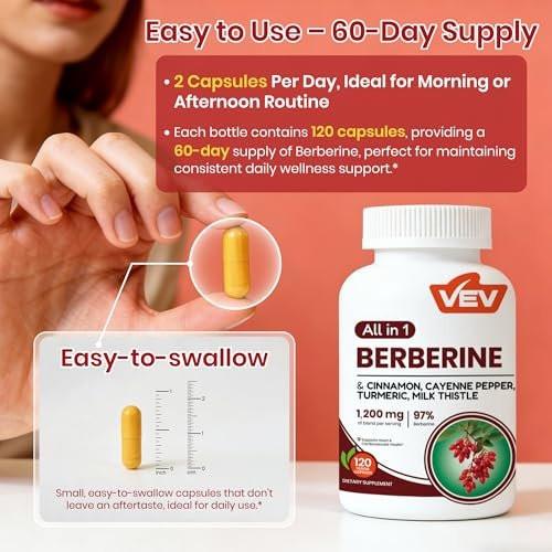VEV Berberin Kapseln mit Ceylon-Zimt, Cayennepfeffer, Kurkuma, Mariendistel – Vegan & Non-GMO – 120 Kapseln