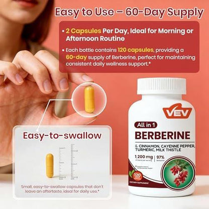 VEV Berberin Kapseln mit Ceylon-Zimt, Cayennepfeffer, Kurkuma, Mariendistel – Vegan & Non-GMO – 120 Kapseln