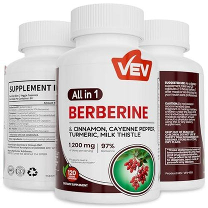 VEV Berberin Kapseln mit Ceylon-Zimt, Cayennepfeffer, Kurkuma, Mariendistel – Vegan & Non-GMO – 120 Kapseln