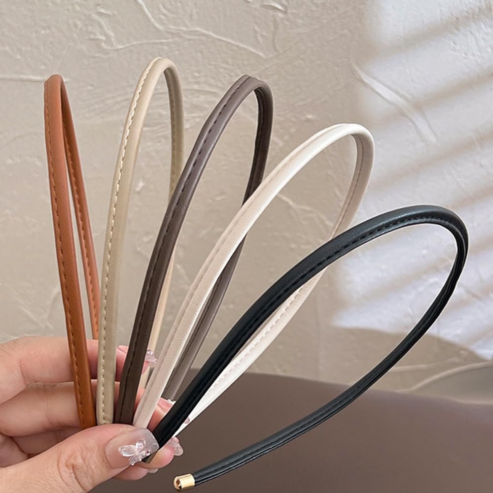 Dünnes Leder-Stirnband für Frauen – 5er-Pack, Beige/Braun/Schwarz/Weiß/Tan, Keine Kopfschmerzen, Rutschfestes Haarzubehör