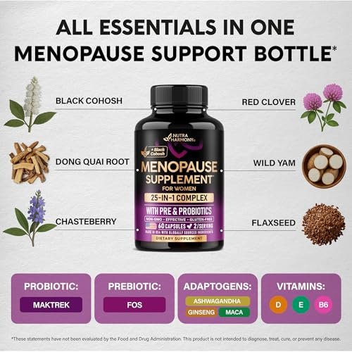 NUTRAHARMONY 25-in-1 Perimenopause Komplex – Frauen Nahrungsergänzung mit Dong Quai, Traubensilberkerze, Prä- & Probiotika – gegen Hitzewallungen, Schweißausbrüche, Unterstützung für Verdauung, Schlaf & Stimmung – Laborgetestet – 60 Kapseln