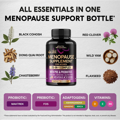 NUTRAHARMONY 25-in-1 Perimenopause Komplex – Frauen Nahrungsergänzung mit Dong Quai, Traubensilberkerze, Prä- & Probiotika – gegen Hitzewallungen, Schweißausbrüche, Unterstützung für Verdauung, Schlaf & Stimmung – Laborgetestet – 60 Kapseln