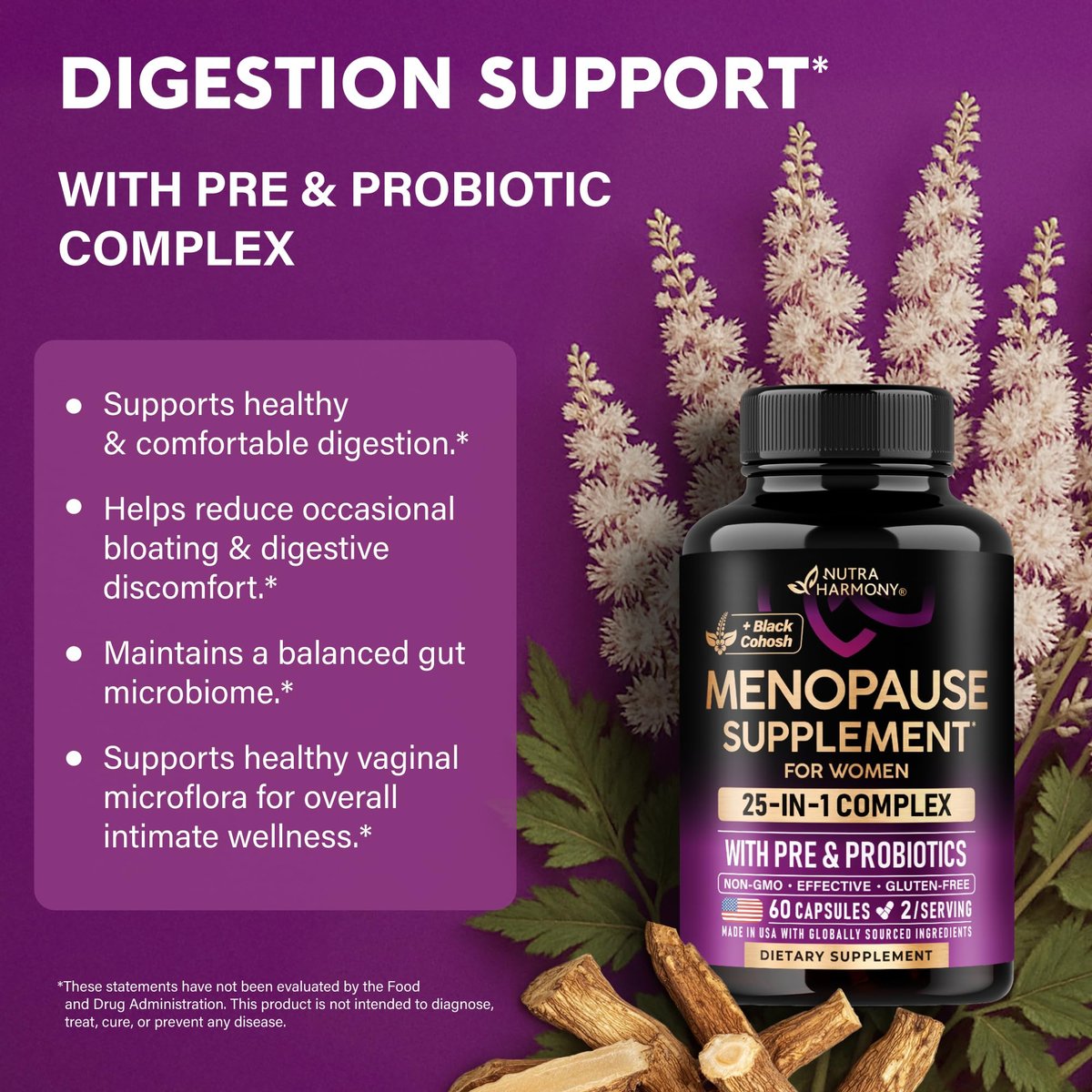 NUTRAHARMONY 25-in-1 Perimenopause Komplex – Frauen Nahrungsergänzung mit Dong Quai, Traubensilberkerze, Prä- & Probiotika – gegen Hitzewallungen, Schweißausbrüche, Unterstützung für Verdauung, Schlaf & Stimmung – Laborgetestet – 60 Kapseln
