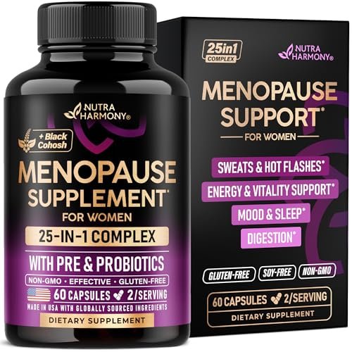 NUTRAHARMONY 25-in-1 Perimenopause Komplex – Frauen Nahrungsergänzung mit Dong Quai, Traubensilberkerze, Prä- & Probiotika – gegen Hitzewallungen, Schweißausbrüche, Unterstützung für Verdauung, Schlaf & Stimmung – Laborgetestet – 60 Kapseln