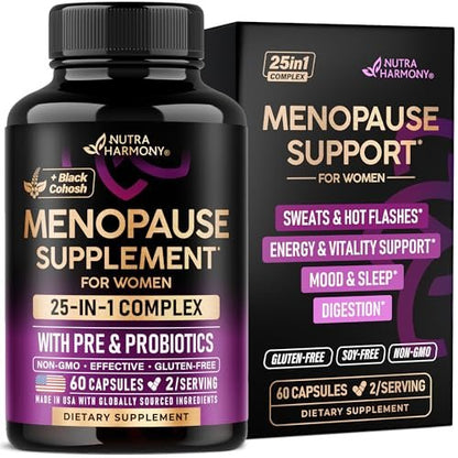 NUTRAHARMONY 25-in-1 Perimenopause Komplex – Frauen Nahrungsergänzung mit Dong Quai, Traubensilberkerze, Prä- & Probiotika – gegen Hitzewallungen, Schweißausbrüche, Unterstützung für Verdauung, Schlaf & Stimmung – Laborgetestet – 60 Kapseln