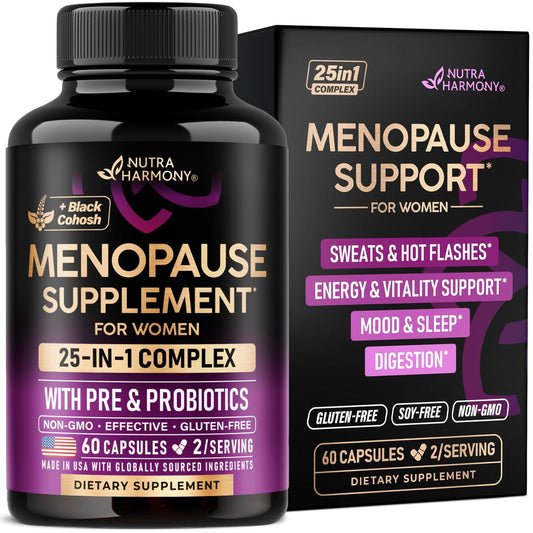 NUTRAHARMONY 25-in-1 Perimenopause Komplex – Frauen Nahrungsergänzung mit Dong Quai, Traubensilberkerze, Prä- & Probiotika – gegen Hitzewallungen, Schweißausbrüche, Unterstützung für Verdauung, Schlaf & Stimmung – Laborgetestet – 60 Kapseln