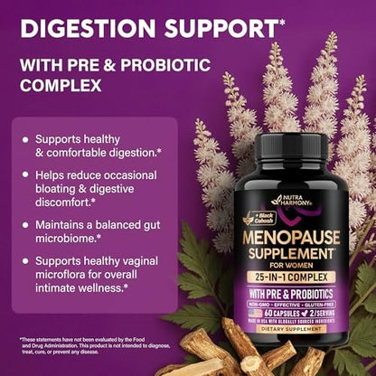 NUTRAHARMONY 25-in-1 Perimenopause Komplex – Frauen Nahrungsergänzung mit Dong Quai, Traubensilberkerze, Prä- & Probiotika – gegen Hitzewallungen, Schweißausbrüche, Unterstützung für Verdauung, Schlaf & Stimmung – Laborgetestet – 60 Kapseln