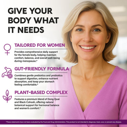 NUTRAHARMONY 25-in-1 Perimenopause Komplex – Frauen Nahrungsergänzung mit Dong Quai, Traubensilberkerze, Prä- & Probiotika – gegen Hitzewallungen, Schweißausbrüche, Unterstützung für Verdauung, Schlaf & Stimmung – Laborgetestet – 60 Kapseln