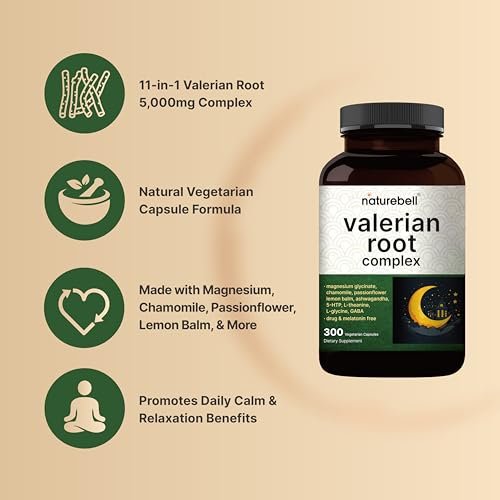 NatureBell Baldrianwurzel für Schlaf, 300 vegane Kapseln mit Magnesiumglycinat, Kamille, Passionsblume, Melisse, Ashwagandha & mehr – Entspannungs- und Schlafunterstützung – Melatoninfrei