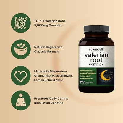 NatureBell Baldrianwurzel für Schlaf, 300 vegane Kapseln mit Magnesiumglycinat, Kamille, Passionsblume, Melisse, Ashwagandha & mehr – Entspannungs- und Schlafunterstützung – Melatoninfrei