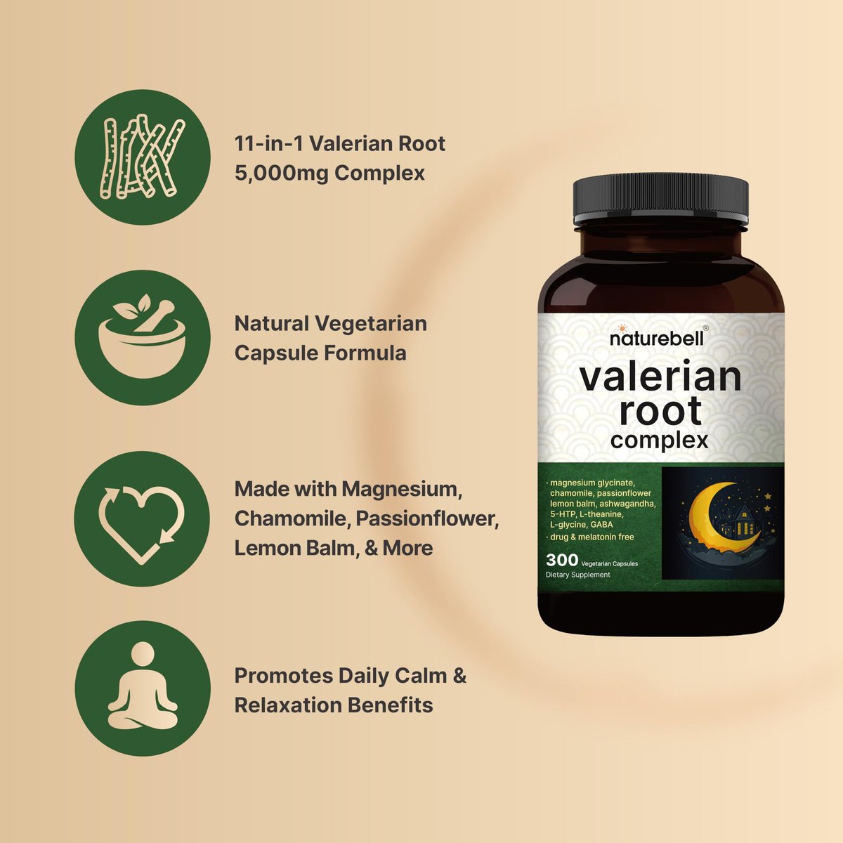 NatureBell Baldrianwurzel für Schlaf, 300 vegane Kapseln mit Magnesiumglycinat, Kamille, Passionsblume, Melisse, Ashwagandha & mehr – Entspannungs- und Schlafunterstützung – Melatoninfrei