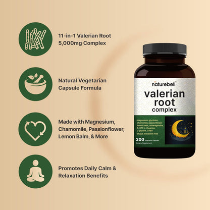 NatureBell Baldrianwurzel für Schlaf, 300 vegane Kapseln mit Magnesiumglycinat, Kamille, Passionsblume, Melisse, Ashwagandha & mehr – Entspannungs- und Schlafunterstützung – Melatoninfrei