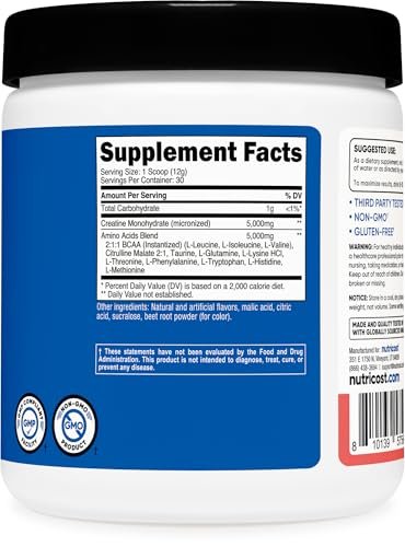 Nutricost Creatin + Aminos Wassermelone Geschmack - 30 Portionen - 5.000 mg Creatin Monohydrat + 5.000 mg BCAA-Aminosäure-Mischung pro Portion