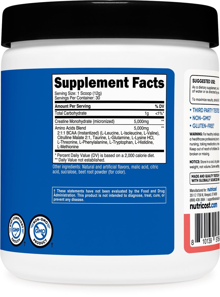 Nutricost Creatin + Aminos Wassermelone Geschmack - 30 Portionen - 5.000 mg Creatin Monohydrat + 5.000 mg BCAA-Aminosäure-Mischung pro Portion