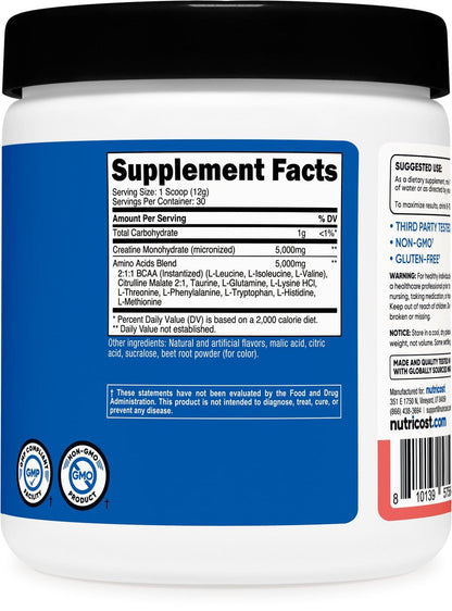 Nutricost Creatin + Aminos Wassermelone Geschmack - 30 Portionen - 5.000 mg Creatin Monohydrat + 5.000 mg BCAA-Aminosäure-Mischung pro Portion