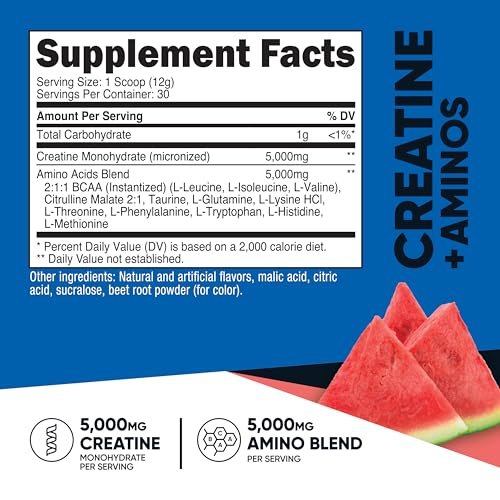 Nutricost Creatin + Aminos Wassermelone Geschmack - 30 Portionen - 5.000 mg Creatin Monohydrat + 5.000 mg BCAA-Aminosäure-Mischung pro Portion