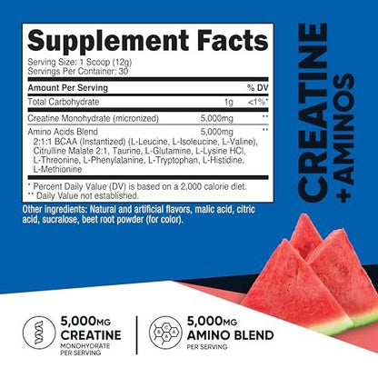 Nutricost Creatin + Aminos Wassermelone Geschmack - 30 Portionen - 5.000 mg Creatin Monohydrat + 5.000 mg BCAA-Aminosäure-Mischung pro Portion