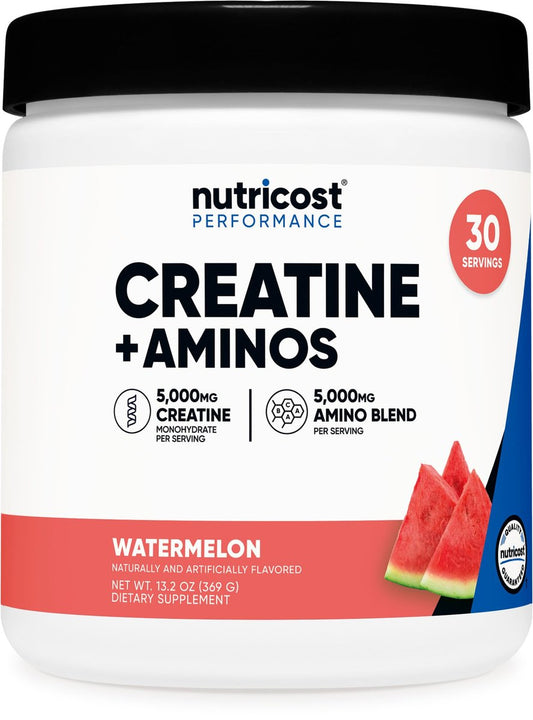 Nutricost Creatin + Aminos Wassermelone Geschmack - 30 Portionen - 5.000 mg Creatin Monohydrat + 5.000 mg BCAA-Aminosäure-Mischung pro Portion