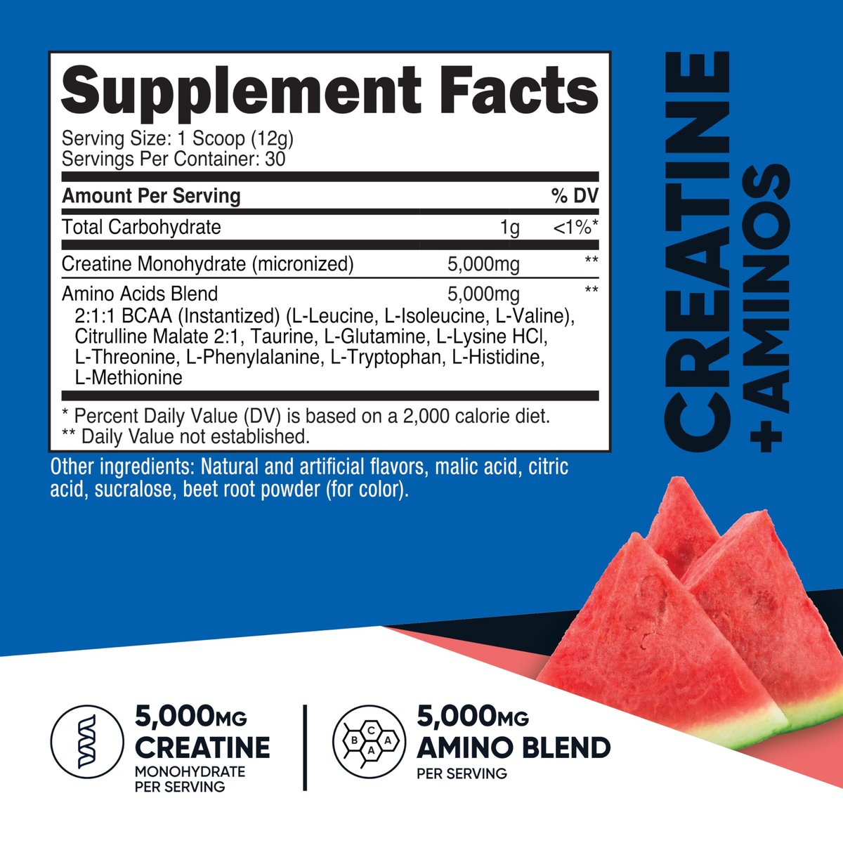 Nutricost Creatin + Aminos Wassermelone Geschmack - 30 Portionen - 5.000 mg Creatin Monohydrat + 5.000 mg BCAA-Aminosäure-Mischung pro Portion