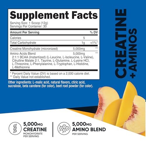 Nutricost Creatine + Aminos 30 Portionen (Pfirsich-Mango-Geschmack) - 5.000 mg Kreatin-Monohydrat + 5.000 mg BCAA-Aminosäuremischung pro Portion