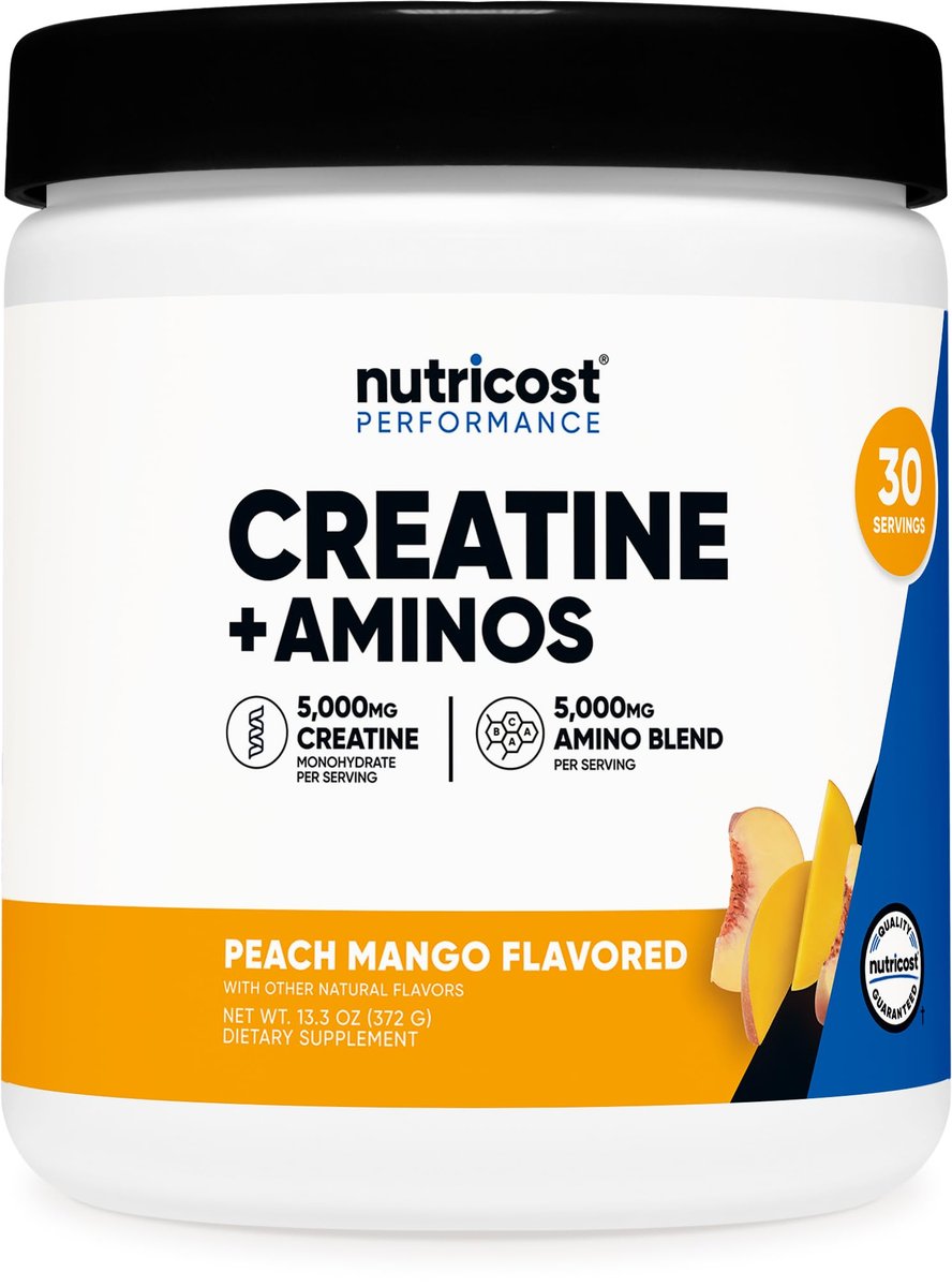 Nutricost Creatine + Aminos 30 Portionen (Pfirsich-Mango-Geschmack) - 5.000 mg Kreatin-Monohydrat + 5.000 mg BCAA-Aminosäuremischung pro Portion