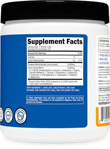 Nutricost Creatine + Aminos 30 Portionen (Pfirsich-Mango-Geschmack) - 5.000 mg Kreatin-Monohydrat + 5.000 mg BCAA-Aminosäuremischung pro Portion