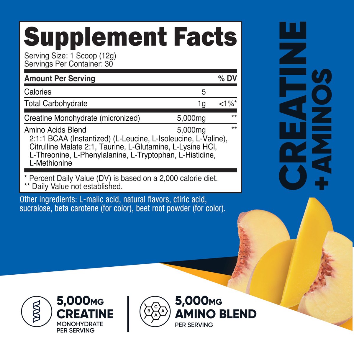 Nutricost Creatine + Aminos 30 Portionen (Pfirsich-Mango-Geschmack) - 5.000 mg Kreatin-Monohydrat + 5.000 mg BCAA-Aminosäuremischung pro Portion