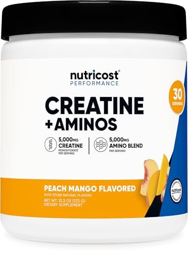 Nutricost Creatine + Aminos 30 Portionen (Pfirsich-Mango-Geschmack) - 5.000 mg Kreatin-Monohydrat + 5.000 mg BCAA-Aminosäuremischung pro Portion