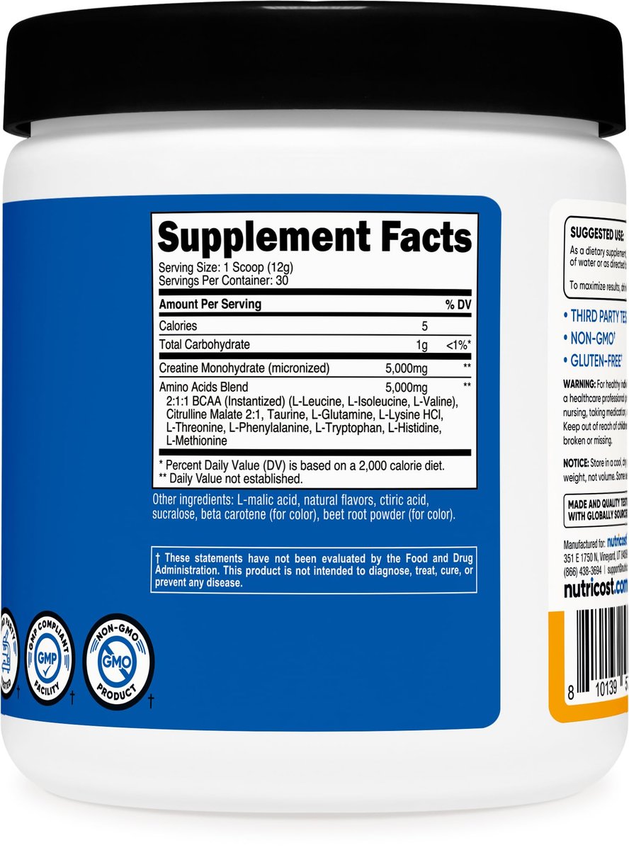 Nutricost Creatine + Aminos 30 Portionen (Pfirsich-Mango-Geschmack) - 5.000 mg Kreatin-Monohydrat + 5.000 mg BCAA-Aminosäuremischung pro Portion