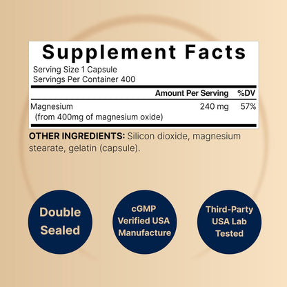Magnesiumoxid 400 mg, 400 Kapseln | Hochreine elementare Form – Extra stark – Essentielle Mineralergänzung für Muskeln, Verdauung, Knochen und Herzunterstützung – Nicht gentechnisch verändert & glutenfrei