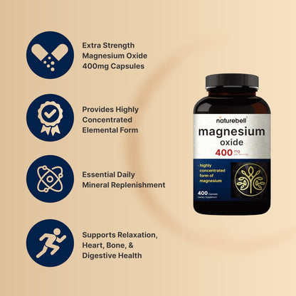 Magnesiumoxid 400 mg, 400 Kapseln | Hochreine elementare Form – Extra stark – Essentielle Mineralergänzung für Muskeln, Verdauung, Knochen und Herzunterstützung – Nicht gentechnisch verändert & glutenfrei