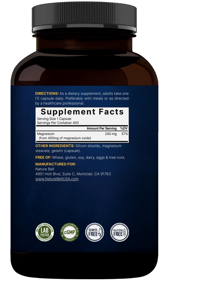 Magnesiumoxid 400 mg, 400 Kapseln | Hochreine elementare Form – Extra stark – Essentielle Mineralergänzung für Muskeln, Verdauung, Knochen und Herzunterstützung – Nicht gentechnisch verändert & glutenfrei