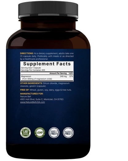 Magnesiumoxid 400 mg, 400 Kapseln | Hochreine elementare Form – Extra stark – Essentielle Mineralergänzung für Muskeln, Verdauung, Knochen und Herzunterstützung – Nicht gentechnisch verändert & glutenfrei