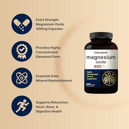Magnesiumoxid 400 mg, 400 Kapseln | Hochreine elementare Form – Extra stark – Essentielle Mineralergänzung für Muskeln, Verdauung, Knochen und Herzunterstützung – Nicht gentechnisch verändert & glutenfrei