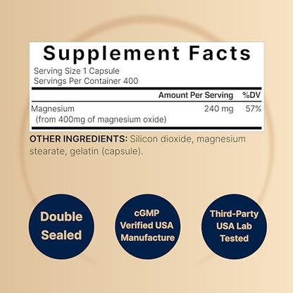 Magnesiumoxid 400 mg, 400 Kapseln | Hochreine elementare Form – Extra stark – Essentielle Mineralergänzung für Muskeln, Verdauung, Knochen und Herzunterstützung – Nicht gentechnisch verändert & glutenfrei