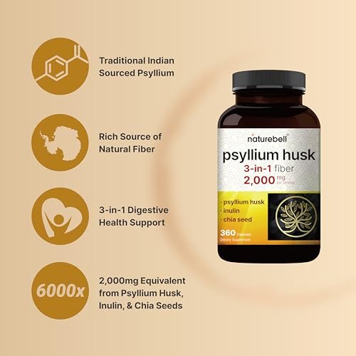NatureBell Psyllium-Faser-Kapseln, 2.000 mg pro Portion, 360 Kapseln | Löslicher Ballaststoff | 3-in-1 mit Inulin & Chiasamen | Pflanzlich, Nicht-GVO, Glutenfrei