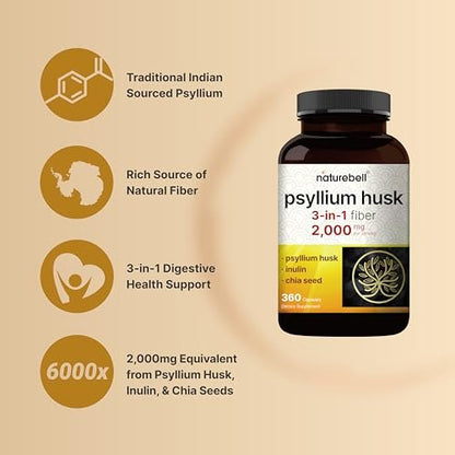 NatureBell Psyllium-Faser-Kapseln, 2.000 mg pro Portion, 360 Kapseln | Löslicher Ballaststoff | 3-in-1 mit Inulin & Chiasamen | Pflanzlich, Nicht-GVO, Glutenfrei