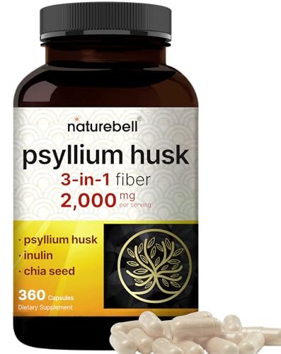 NatureBell Psyllium-Faser-Kapseln, 2.000 mg pro Portion, 360 Kapseln | Löslicher Ballaststoff | 3-in-1 mit Inulin & Chiasamen | Pflanzlich, Nicht-GVO, Glutenfrei