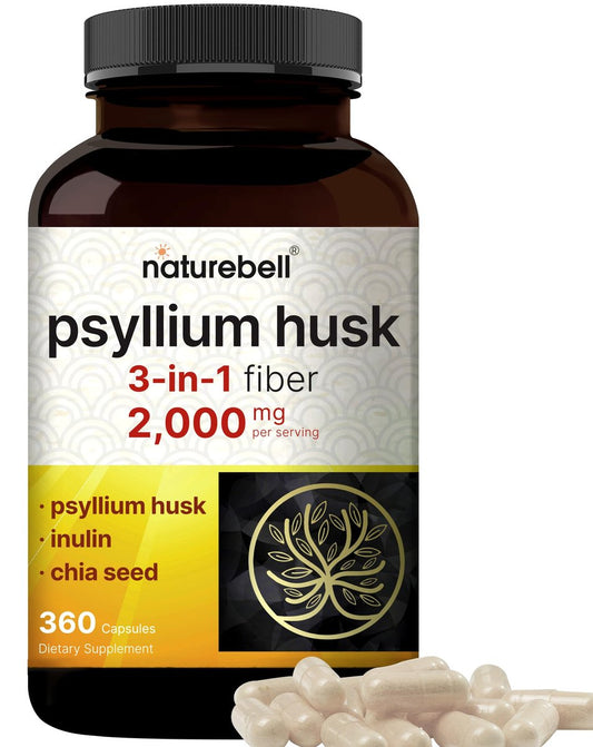 NatureBell Psyllium-Faser-Kapseln, 2.000 mg pro Portion, 360 Kapseln | Löslicher Ballaststoff | 3-in-1 mit Inulin & Chiasamen | Pflanzlich, Nicht-GVO, Glutenfrei