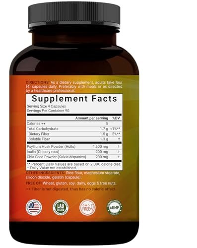 NatureBell Psyllium-Faser-Kapseln, 2.000 mg pro Portion, 360 Kapseln | Löslicher Ballaststoff | 3-in-1 mit Inulin & Chiasamen | Pflanzlich, Nicht-GVO, Glutenfrei