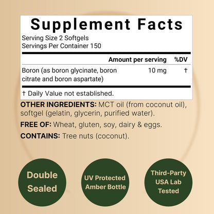 Boron 10mg, 300 Softgels mit MCT-Öl | Hohe Absorption | Dreifachwirkendes Borpräparat für Männer & Frauen | Glycinat, Citrat & Aspartat-Komplex | Spurenelemente für Hormon-, Knochen- & Gelenkunterstützung