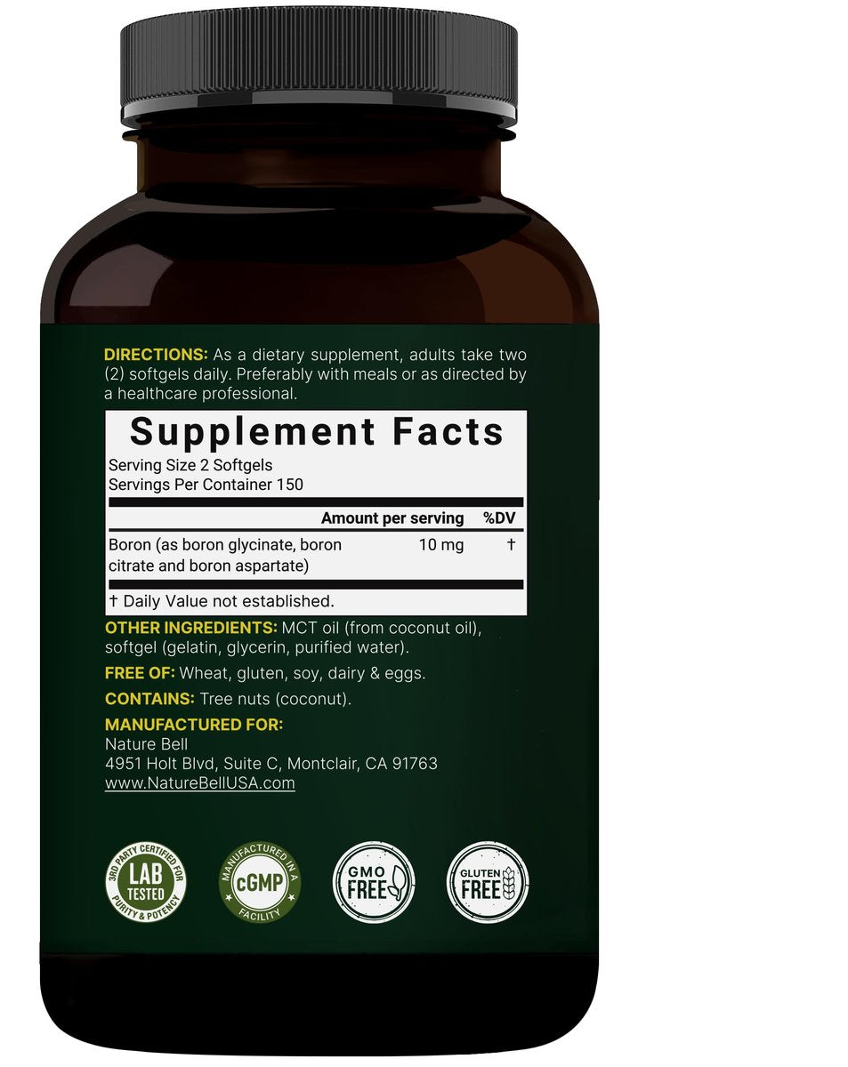 Boron 10mg, 300 Softgels mit MCT-Öl | Hohe Absorption | Dreifachwirkendes Borpräparat für Männer & Frauen | Glycinat, Citrat & Aspartat-Komplex | Spurenelemente für Hormon-, Knochen- & Gelenkunterstützung