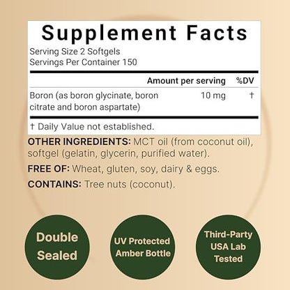 Boron 10mg, 300 Softgels mit MCT-Öl | Hohe Absorption | Dreifachwirkendes Borpräparat für Männer & Frauen | Glycinat, Citrat & Aspartat-Komplex | Spurenelemente für Hormon-, Knochen- & Gelenkunterstützung