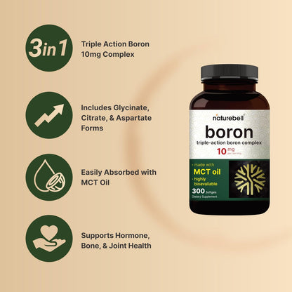 Boron 10mg, 300 Softgels mit MCT-Öl | Hohe Absorption | Dreifachwirkendes Borpräparat für Männer & Frauen | Glycinat, Citrat & Aspartat-Komplex | Spurenelemente für Hormon-, Knochen- & Gelenkunterstützung