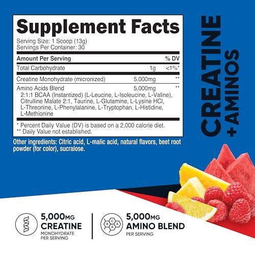 Nutricost Creatin + Aminos 30 Portionen (Fruchtpunsch-Geschmack) - 5.000 mg Creatin Monohydrat + 5.000 mg BCAA-Amino-Mischung pro Portion
