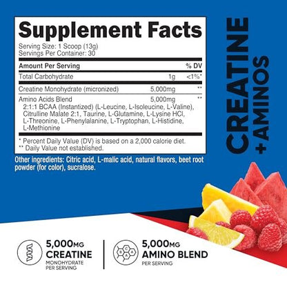 Nutricost Creatin + Aminos 30 Portionen (Fruchtpunsch-Geschmack) - 5.000 mg Creatin Monohydrat + 5.000 mg BCAA-Amino-Mischung pro Portion