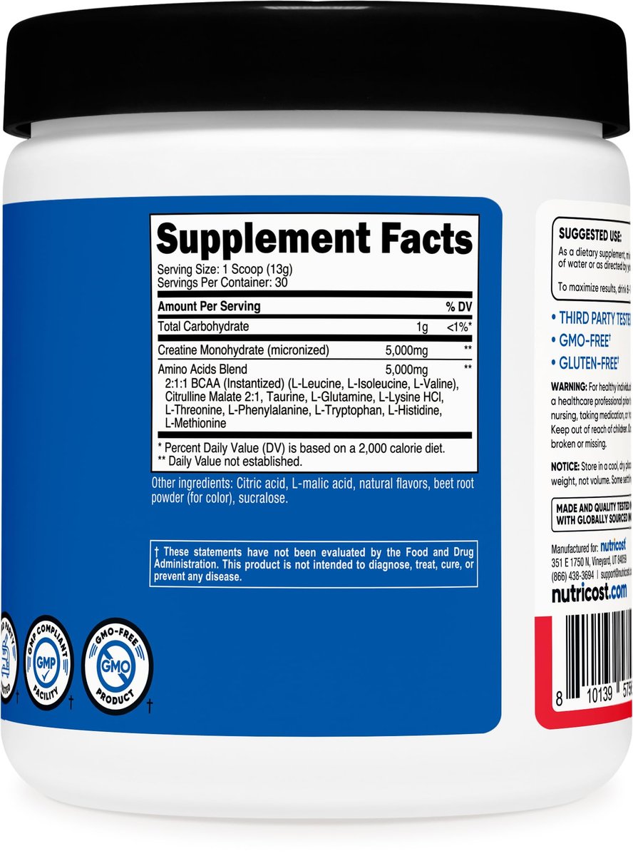 Nutricost Creatin + Aminos 30 Portionen (Fruchtpunsch-Geschmack) - 5.000 mg Creatin Monohydrat + 5.000 mg BCAA-Amino-Mischung pro Portion