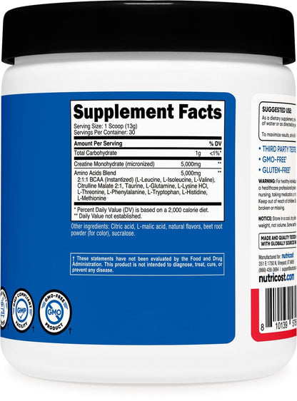Nutricost Creatin + Aminos 30 Portionen (Fruchtpunsch-Geschmack) - 5.000 mg Creatin Monohydrat + 5.000 mg BCAA-Amino-Mischung pro Portion