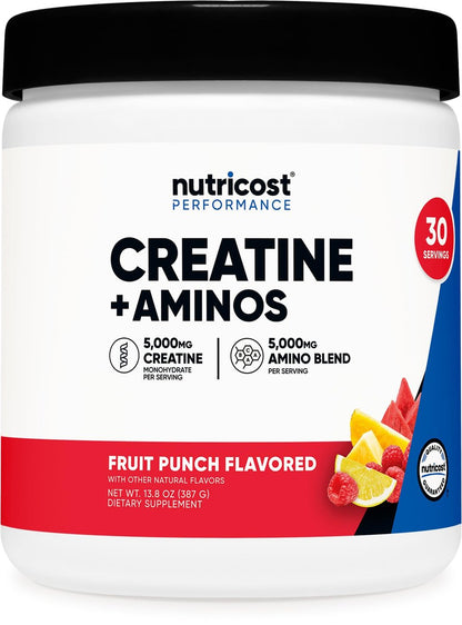 Nutricost Creatin + Aminos 30 Portionen (Fruchtpunsch-Geschmack) - 5.000 mg Creatin Monohydrat + 5.000 mg BCAA-Amino-Mischung pro Portion