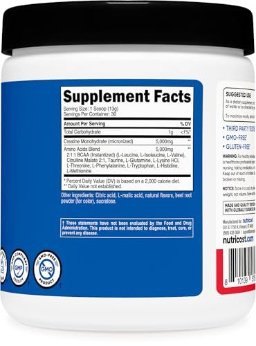 Nutricost Creatin + Aminos 30 Portionen (Fruchtpunsch-Geschmack) - 5.000 mg Creatin Monohydrat + 5.000 mg BCAA-Amino-Mischung pro Portion